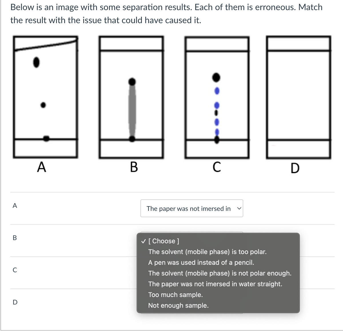 Below is an image with some separation results. Each of them is erroneous. Match
the result with the issue that could have caused it.
A
B
C
D
A
B
C
The paper was not imersed in
D
✓ [Choose ]
The solvent (mobile phase) is too polar.
A pen was used instead of a pencil.
The solvent (mobile phase) is not polar enough.
The paper was not imersed in water straight.
Too much sample.
Not enough sample.