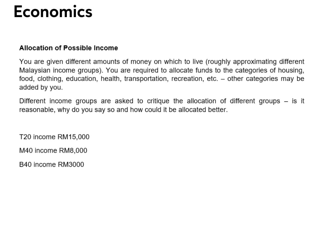 Economics
Allocation of Possible Income
You are given different amounts of money on which to live (roughly approximating different
Malaysian income groups). You are required to allocate funds to the categories of housing,
food, clothing, education, health, transportation, recreation, etc. – other categories may be
added by you.
Different income groups are asked to critique the allocation of different groups - is it
reasonable, why do you say so and how could it be allocated better.
T20 income RM15,000
M40 income RM8,000
B40 income RM3000
