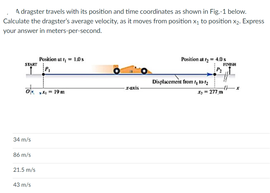 A dragster travels with its position and time coordinates as shown in Fig.-1 below.
Calculate the dragster's average velocity, as it moves from position x1 to position x2. Express
your answer in meters-per-second.
Position at t = 1.0s
START
Position at 12 = 4.0s
FINISH
P2
Displacement from , to f,
ok
r-axis -
, = 19 m
x = 277 m
34 m/s
86 m/s
21.5 m/s
43 m/s
