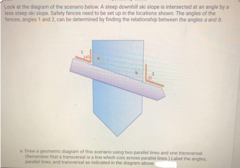 Look at the diagram of the scenario below. A steep downhill ski slope is intersected at an angle by a
less steep ski slope. Safety fences need to be set up in the locations shown. The angles of the
fences, angles 1 and 2, can be determined by finding the relationship between the angles a and b.
145
35
a. Draw a geometric diagram of this scenario using two parallel lines and one transversal.
(Remember that a transversal is a line which cuts across parallel lines.) Label the angles,
parallel lines, and transversal as indicated in the diagram above.
