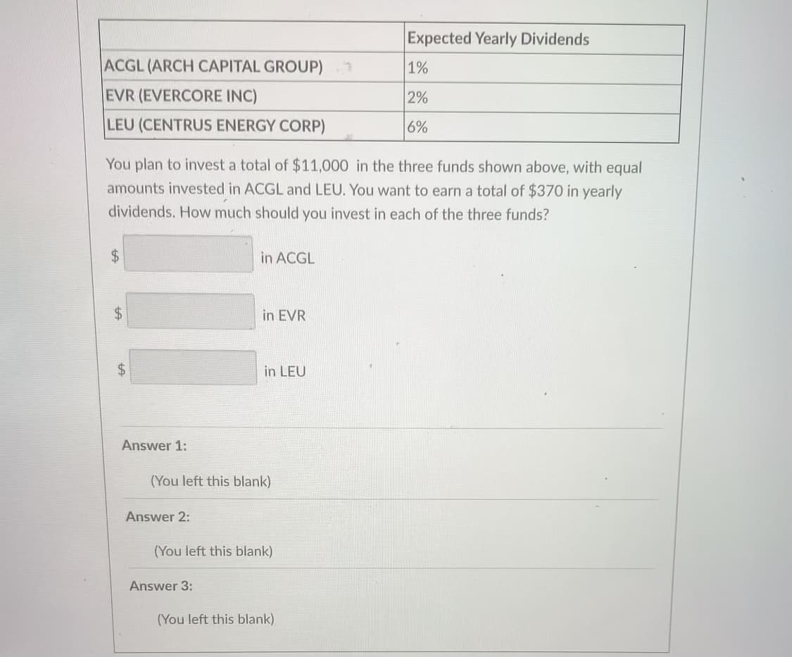 Expected Yearly Dividends
ACGL (ARCH CAPITAL GROUP)
1%
EVR (EVERCORE INC)
2%
LEU (CENTRUS ENERGY CORP)
6%
You plan to invest a total of $11,000 in the three funds shown above, with equal
amounts invested in ACGL and LEU. You want to earn a total of $370 in yearly
dividends. How much should you invest in each of the three funds?
24
in ACGL
%$4
in EVR
in LEU
Answer 1:
(You left this blank)
Answer 2:
(You left this blank)
Answer 3:
(You left this blank)
%24
%24
