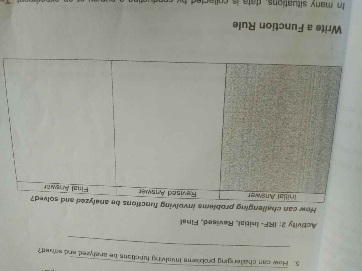 5. How can challenging problems involving functions be analyzed and solved?
Activity 2: IRF- Initial, Revised, Final
How can challenging problems involving functions be analyzed and solved?
Initial Answer
Revised Answer
Final Answer
Write a Function Rule
In many situations.
is
