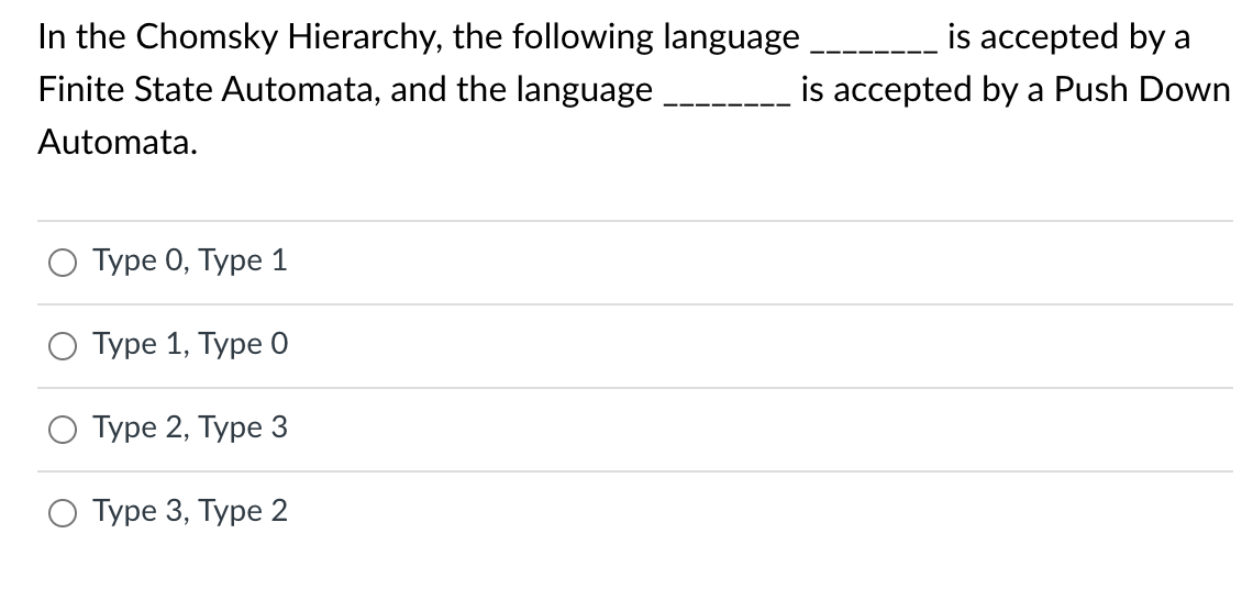 In the Chomsky Hierarchy, the following language
Finite State Automata, and the language
Automata.
Type 0, Type 1
О Туре 1, Туре 0
is accepted by a
is accepted by a Push Down
Type 2, Type 3
O Type 3, Type 2