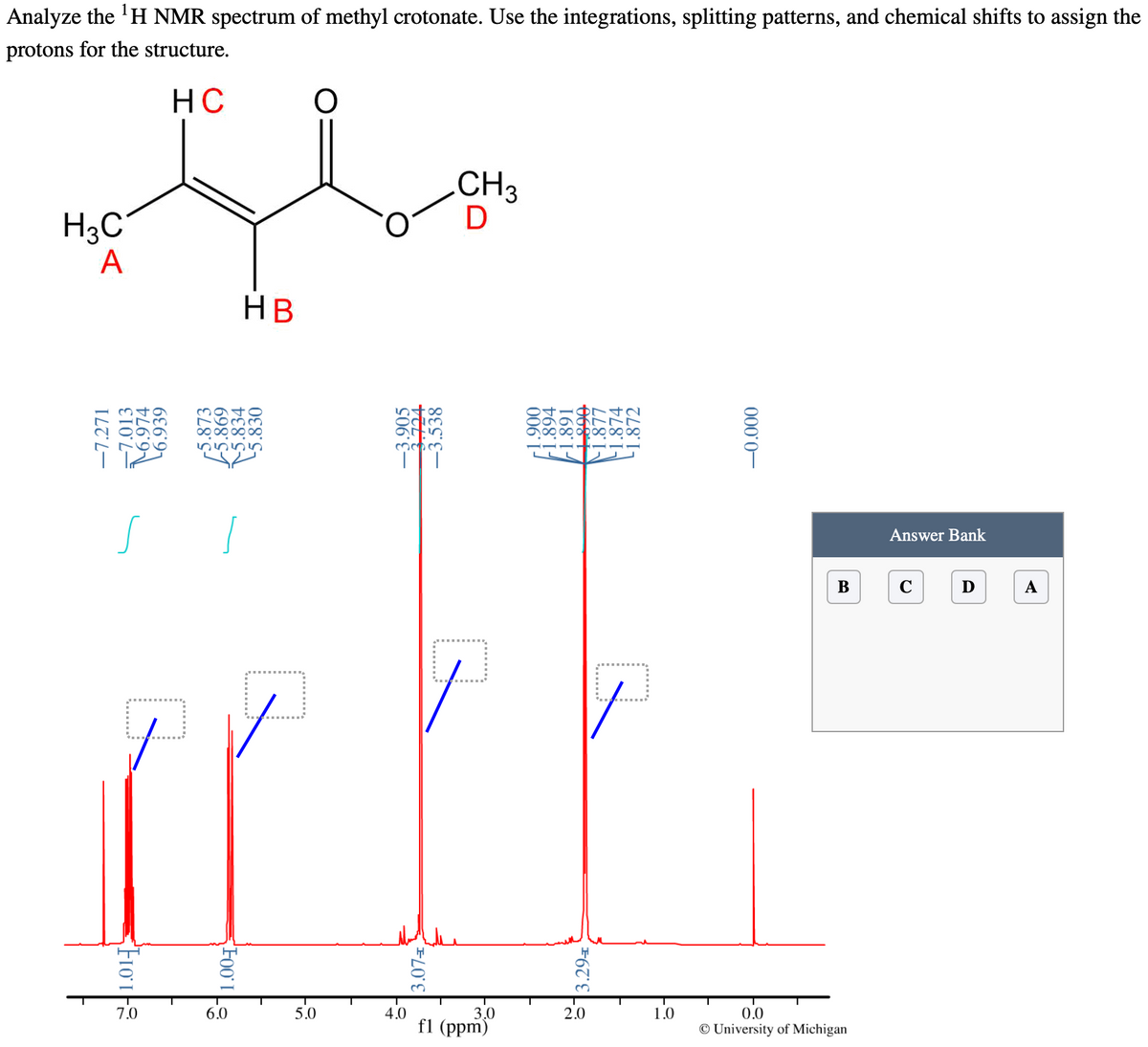 Analyze the ¹H NMR spectrum of methyl crotonate. Use the integrations, splitting patterns, and chemical shifts to assign the
protons for the structure.
HC
H3C
A
-7.271
7.013
6.974
6.939
s
J
1.01
7.0
5.873
5.869
-5.834
-5.830
[
HB
6.0
O
5.0
3.905
4.0
VCL C
3.07€
-3.538
CH3
D
T
3.0
f1 (ppm)
006
.894
-1.891
100
3.291
2.0
.877
1.874
.872
1.0
000*0-
B
0.0
© University of Michigan
Answer Bank
U
D
A