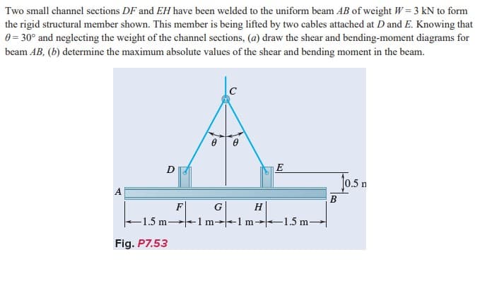 Two small channel sections DF and EH have been welded to the uniform beam AB of weight W= 3 kN to form
the rigid structural member shown. This member is being lifted by two cables attached at D and E. Knowing that
0 = 30° and neglecting the weight of the channel sections, (a) draw the shear and bending-moment diagrams for
beam AB, (b) determine the maximum absolute values of the shear and bending moment in the beam.
E
A
F
G
H
-1.5 m-
-1 m-
1m→1.5 m-
Fig. P7.53
