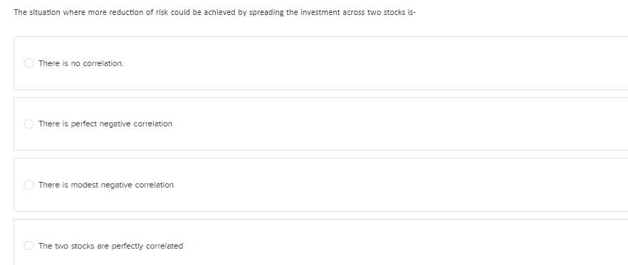 The situation where more reduction of risk could be achieved by spreading the investment across two stocks is-
There is no correlation.
There is perfect negative correlation
There is modest negative correlation
The two stocks are perfectly correlated