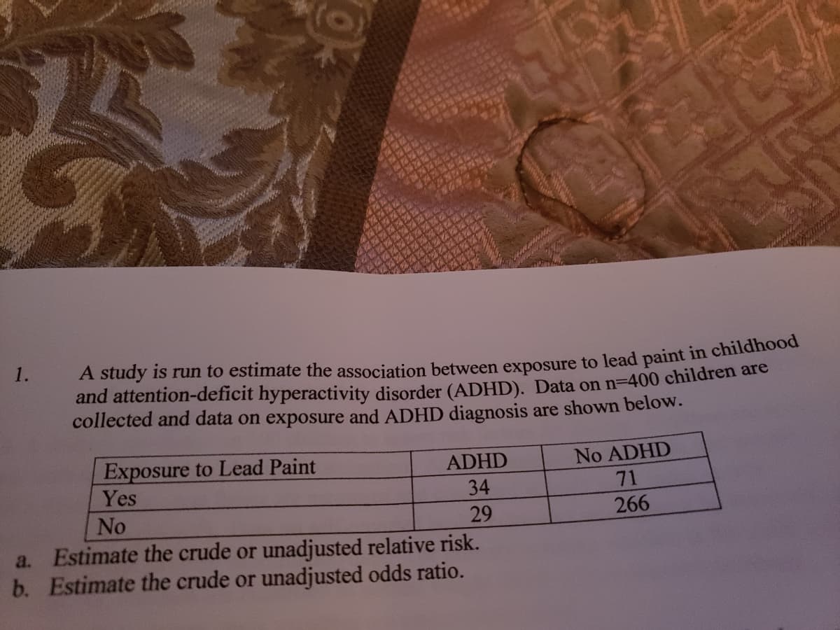 1.
A study is run to estimate the association between exposure to lead paint in chilanose
and attention-deficit hyperactivity disorder (ADHD). Data on n=400 children are
collected and data on exposure and ADHD diagnosis are shown below.
Exposure to Lead Paint
Yes
No ADHD
71
ADHD
34
No
29
266
a. Estimate the crude or unadjusted relative risk.
b. Estimate the crude or unadjusted odds ratio.
