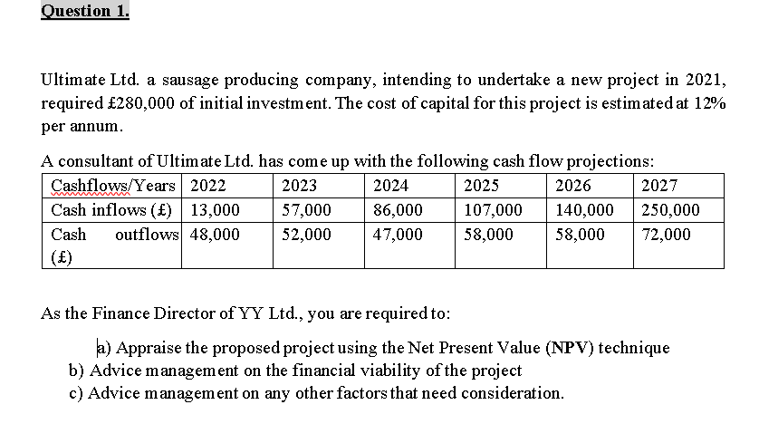 Question 1.
Ultimate Ltd. a sausage producing company, intending to undertake a new project in 2021,
required £280,000 of initial investment. The cost of capital for this project is estimated at 12%
per annum.
A consultant of Ultimate Ltd. has come up with the following cash flow projections:
Cashflows/Years 2022
Cash inflows (£) 13,000
2023
2024
2025
2026
2027
57,000
86,000
107,000
140,000
250,000
Cash
outflows 48,000
52,000
47,000
58,000
58,000
72,000
(£)
As the Finance Director of YY Ltd., you are required to:
a) Appraise the proposed project using the Net Present Value (NPV) technique
b) Advice management on the financial viability of the project
c) Advice managem ent on any other factors that need consideration.
