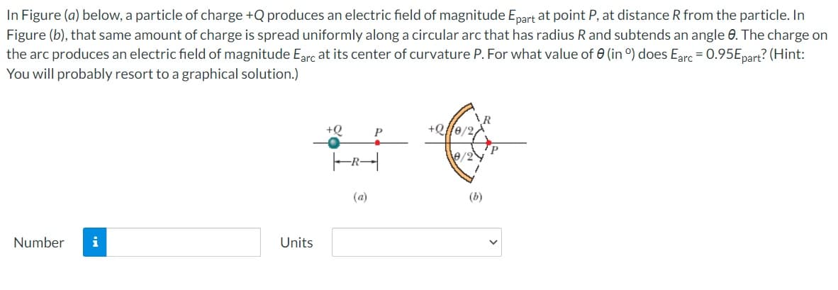 In Figure (a) below, a particle of charge +Q produces an electric field of magnitude Epart at point P, at distance R from the particle. In
Figure (b), that same amount of charge is spread uniformly along a circular arc that has radius R and subtends an angle 0. The charge on
the arc produces an electric field of magnitude Earc at its center of curvature P. For what value of 0 (in °) does Earc = 0.95Epart? (Hint:
You will probably resort to a graphical solution.)
+Q
+Qffe/2A
e/2
(a)
(b)
Number
i
Units
