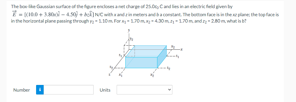 The box-like Gaussian surface of the figure encloses a net charge of 25.0ɛo C and lies in an electric field given by
É = [(10.0 + 3.80x)î – 4.50ĵ + bzk]N/C with x and z in meters and ba constant. The bottom face is in the xz plane; the top face is
in the horizontal plane passing through y2 = 1.10 m. For x1 = 1.70 m, x2 = 4.30 m, z1 = 1.70 m, and z2 = 2.80 m, what is b?
Number
i
Units
