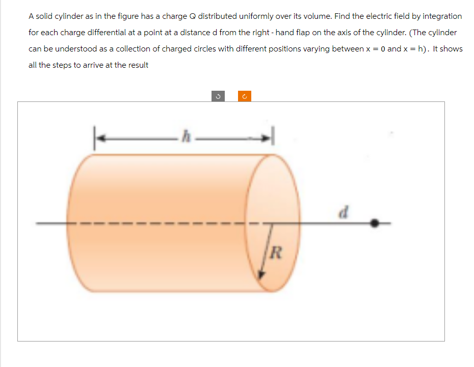 A solid cylinder as in the figure has a charge Q distributed uniformly over its volume. Find the electric field by integration
for each charge differential at a point at a distance d from the right-hand flap on the axis of the cylinder. (The cylinder
can be understood as a collection of charged circles with different positions varying between x = 0 and x = h). It shows
all the steps to arrive at the result
-h.
ان
ง
R
d