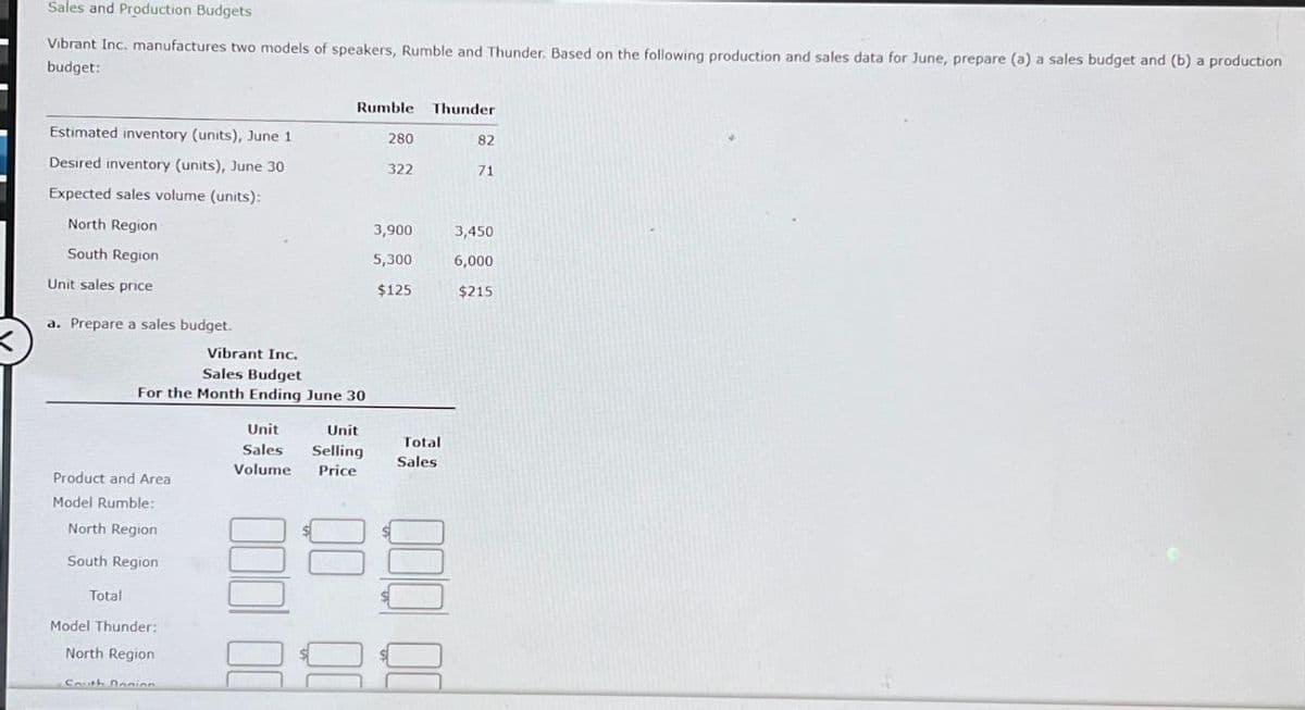 Sales and Production Budgets
Vibrant Inc. manufactures two models of speakers, Rumble and Thunder. Based on the following production and sales data for June, prepare (a) a sales budget and (b) a production
budget:
Rumble
Thunder
Estimated inventory (units), June 1
280
82
Desired inventory (units), June 30
322
71
Expected sales volume (units):
North Region
South Region
Unit sales price
a. Prepare a sales budget.
Vibrant Inc.
Sales Budget
For the Month Ending June 30
3,900
3,450
5,300
6,000
$125
$215
Unit
Unit
Total
Sales Selling
Volume
Sales
Price
Product and Area
Model Rumble:
North Region
South Region
Total
Model Thunder:
North Region
South Donion
00 000
00 00
00 000