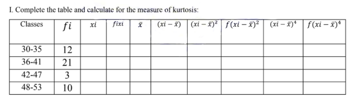 I. Complete the table and calculate for the measure of kurtosis:
Classes
fi
xi
fixi
(xi – x) | (xi – x)² | f(xi – x)² | (xi – x)*
f (xi – x)*
30-35
12
36-41
21
42-47
3
48-53
10
