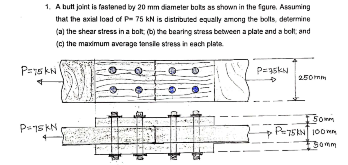 1. A butt joint is fastened by 20 mm diameter bolts as shown in the figure. Assuming
that the axial load of P= 75 kN is distributed equally among the bolts, determine
(a) the shear stress in a bolt; (b) the bearing stress between a plate and a bolt; and
(c) the maximum average tensile stress in each plate.
P=15 KN
P=75KN
250mm
50mm
キ
P=75KN| 100mm
P=75KN
50mm
