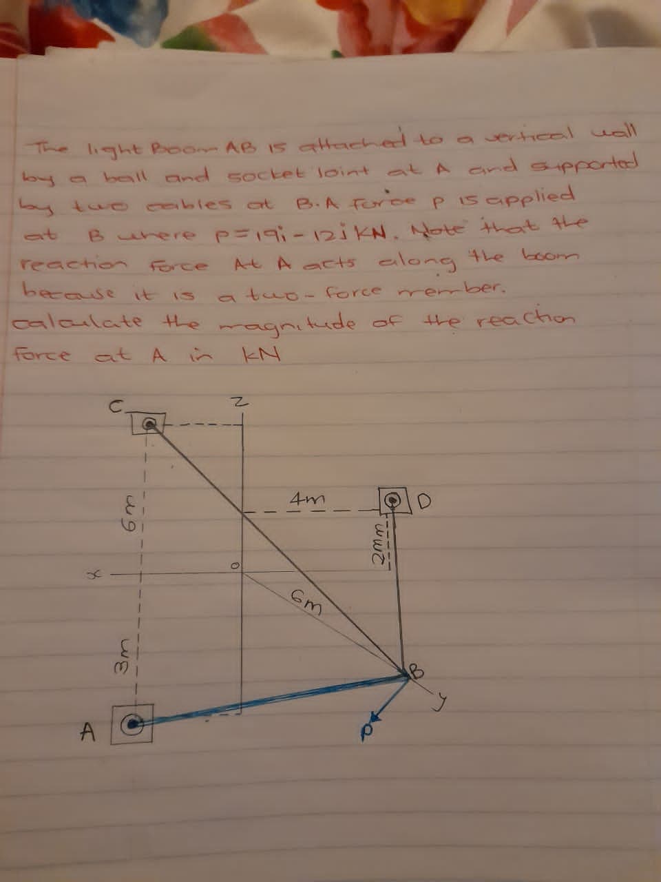 The light Room AB 1s attachedto a vertcal uall
oy a ball and socket loint at A and sipported
B.A Force Pisapplied
bytu 0able s at
Burere p19i-12i KN. Note hat the
At A acts along 4he boom
at
reaction
Force
because it
a tuo- force nrember.
magnitude of
KN
alailate the
the reachon
force atAin
4m
6.
Gm
A
