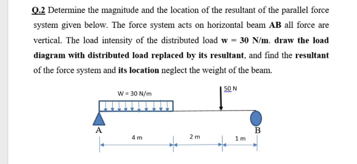 Q.2 Determine the magnitude and the location of the resultant of the parallel force
system given below. The force system acts on horizontal beam AB all force are
vertical. The load intensity of the distributed load w =
30 N/m. draw the load
diagram with distributed load replaced by its resultant, and find the resultant
of the force system and its location neglect the weight of the beam.
50 N
W = 30 N/m
A
4 m
2 m
1 m
