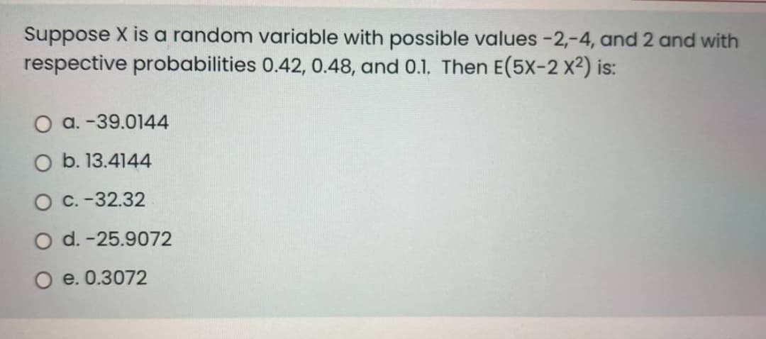 Suppose X is a random variable with possible values -2,-4, and 2 and with
respective probabilities 0.42, 0.48, and 0.1. Then E(5X-2 x2) is:
O a. -39.0144
O b. 13.4144
O C. -32.32
O d. -25.9072
O e. 0.3072
