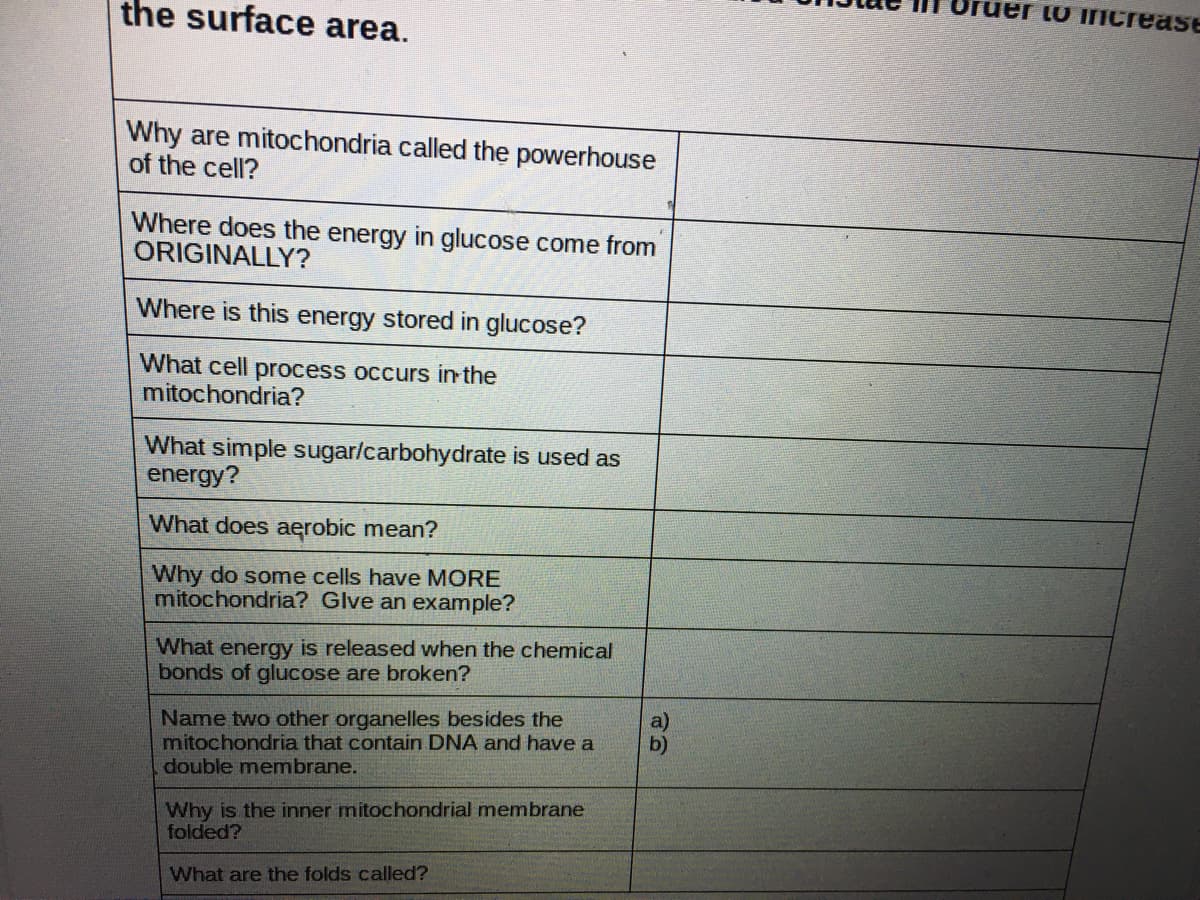 ruer to iIncrease
the surface area.
Why are mitochondria called the powerhouse
of the cell?
Where does the energy in glucose come from
ORIGINALLY?
Where is this energy stored in glucose?
What cell process occurs in the
mitochondria?
What simple sugar/carbohydrate is used as
energy?
What does aerobic mean?
Why do some cells have MORE
mitochondria? Glve an example?
What energy is released when the chemical
bonds of glucose are broken?
Name two other organelles besides the
mitochondria that contain DNA and have a
a)
b)
double membrane.
Why is the inner mitochondrial membrane
folded?
What are the folds called?
