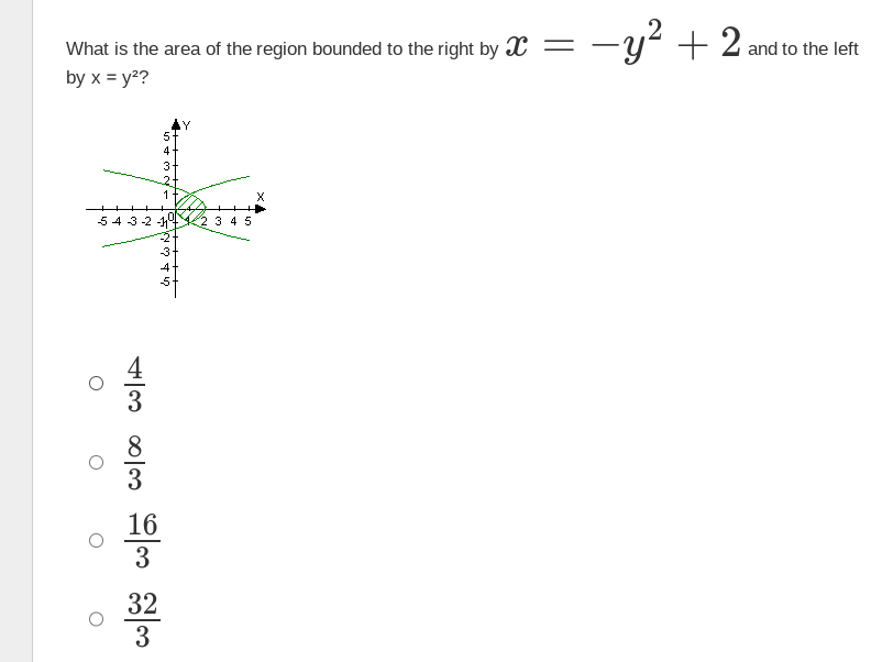 ### Question:
What is the area of the region bounded to the right by \( x = -y^2 + 2 \) and to the left by \( x = y^2 \)?

### Graph Description:
The graph shows two parabolas on a coordinate system.

1. The equation \( x = y^2 \) represents a parabola that opens to the right. Its vertex is at the origin (0, 0) and as \( y \) increases or decreases, \( x \) also increases but positively.
2. The equation \( x = -y^2 + 2 \) represents a parabola that opens to the left. Its vertex is at the point (2, 0) and as \( y \) increases or decreases, \( x \) decreases.

Both graphs intersect at two points, which seem to be symmetric relative to the y-axis.

### Multiple Choice Answers:
- \(\frac{4}{3}\)
- \(\frac{8}{3}\)
- \(\frac{16}{3}\)
- \(\frac{32}{3}\)

To solve for the area, you would typically set up an integral by finding the points of intersection of the two parabolas, and then integrate the difference between the two functions over the interval defined by these points. However, the detailed calculation is omitted here. Select the correct answer from the above choices based on the result of such integration.