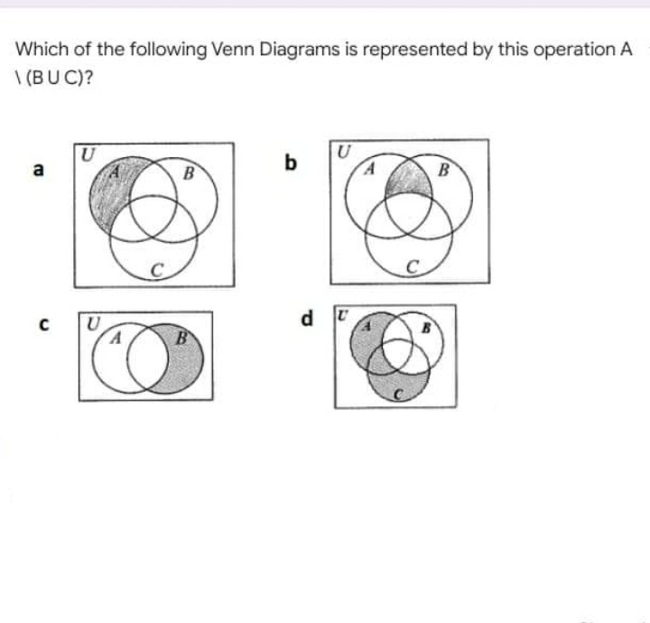 Which of the following Venn Diagrams is represented by this operation A
\ (BUC)?
b
B
B
