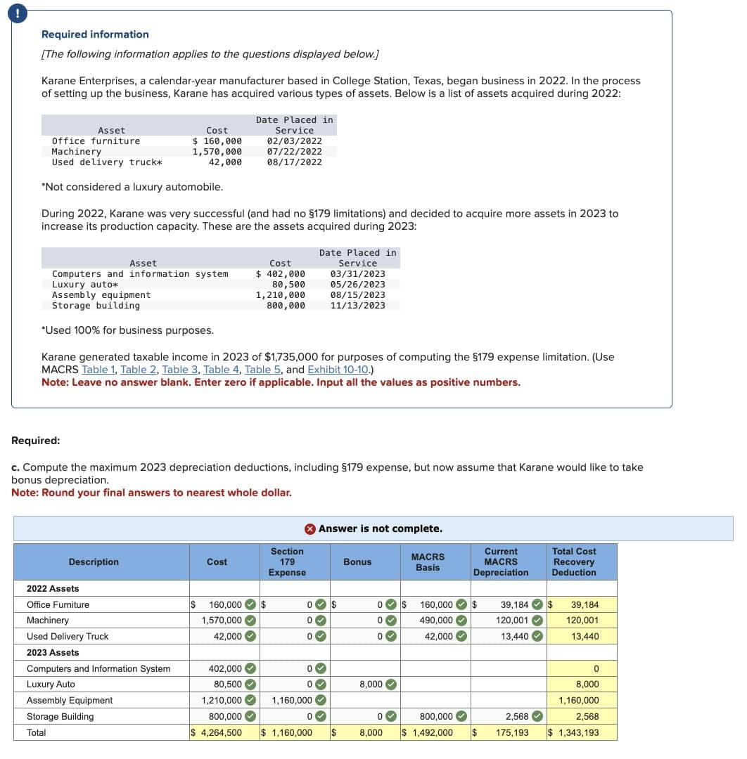 Required information
[The following information applies to the questions displayed below.]
Karane Enterprises, a calendar-year manufacturer based in College Station, Texas, began business in 2022. In the process
of setting up the business, Karane has acquired various types of assets. Below is a list of assets acquired during 2022:
Asset
Office furniture
Machinery
Used delivery truck*
*Not considered a luxury automobile.
During 2022, Karane was very successful (and had no §179 limitations) and decided to acquire more assets in 2023 to
increase its production capacity. These are the assets acquired during 2023:
Description
Cost
$ 160,000
1,570,000
42,000
2022 Assets
Office Furniture
Machinery
Used Delivery Truck
2023 Assets
Asset
Computers and information system
Luxury auto*
Assembly equipment
Storage building
*Used 100% for business purposes.
Karane generated taxable income in 2023 of $1,735,000 for purposes of computing the §179 expense limitation. (Use
MACRS Table 1, Table 2, Table 3, Table 4, Table 5, and Exhibit 10-10.)
Note: Leave no answer blank. Enter zero if applicable. Input all the values as positive numbers.
Computers and Information System
Luxury Auto
Assembly Equipment
Storage Building
Total
Required:
c. Compute the maximum 2023 depreciation deductions, including §179 expense, but now assume that Karane would like to take
bonus depreciation.
Note: Round your final answers to nearest whole dollar.
Cost
››
42,000✔
Date Placed in
Service
02/03/2022
› › ›
$ 160,000 $
1,570,000 ✓
402,000✔
07/22/2022
08/17/2022
80,500✔
Cost
$ 402,000
80,500
800,000✔
1,210,000
800,000
Date Placed in
Service
03/31/2023
05/26/2023
08/15/2023
11/13/2023
Section
179
Expense
Answer is not complete.
0 $
0
0
0✓
0✓
1,210,000✔ 1,160,000✔
0✓
Bonus
0
0✔
0✓
8,000✔
0✔
$4,264,500 $1,160,000 $ 8,000
$
MACRS
Basis
Current
MACRS
Depreciation
160,000 $ 39,184 $ 39,184
490,000 ✓
120,001✔
120,001
42,000✔
13,440 ✓
13,440
800,000✔
$ 1,492,000 $
2,568✔
Total Cost
Recovery
Deduction
175,193
0
8,000
1,160,000
2,568
$ 1,343,193