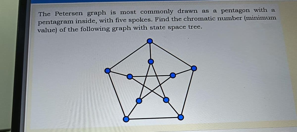 The Petersen graph is most commonly drawn as a pentagon with a
pentagram inside, with five spokes. Find the chromatic number (minimum
value) of the following graph with state space tree.
