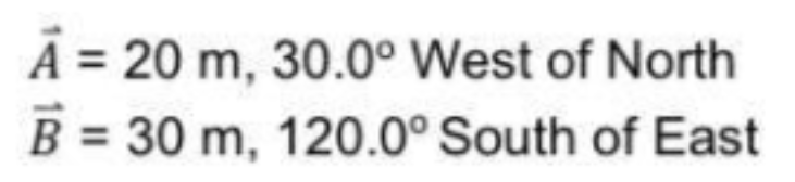 A = 20 m, 30.0° West of North
B = 30 m, 120.0° South of East