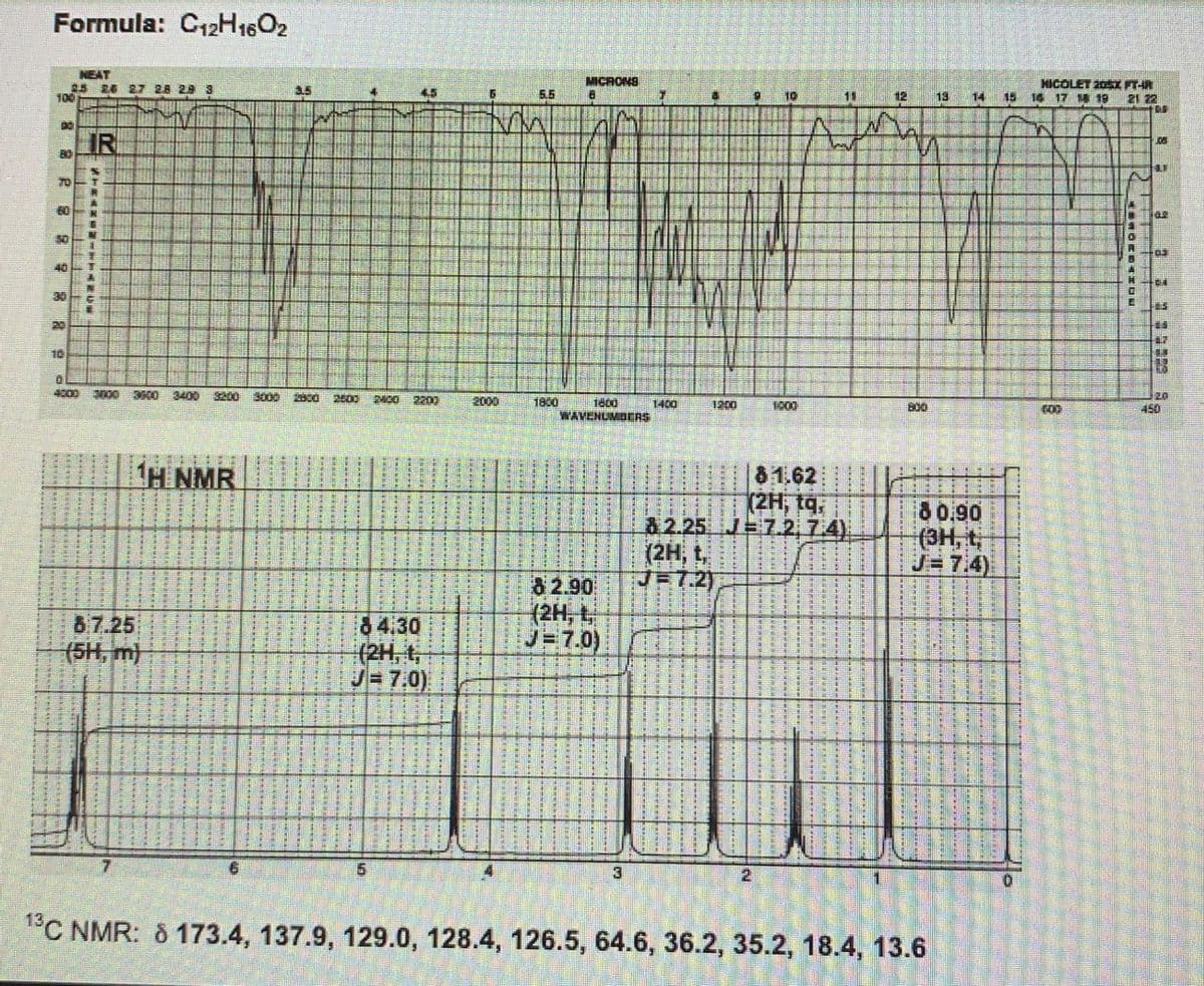 Formula: C12H1602
NEAT
25
24 27 28 29 3
MICRONS
MICOLET 20I TAR
100
き5
4.5
5.5
11
12
13
14
15 16 17 4 19
21 22
IR
70
60
50
40
30
20
27
10
4000
20
450
3600 3400
3200
3000
200
2200
2000
1800
1800
WAVENUMBERS
1400
1200
1000
800
H NMR
81.62
(2H, tq.
82.25 J 7.2, 7.4).
80.90
(3H, t
J= 7.4)
(2H, t,
87.25
(5H, m)
84.30
(2H, t,
J= 7.0)
8 2.90
(2H, L
J=7.0)
5
3
°C NMR: 8 173.4, 137.9, 129.0, 128.4, 126.5, 64.6, 36.2, 35.2, 18.4, 13.6
