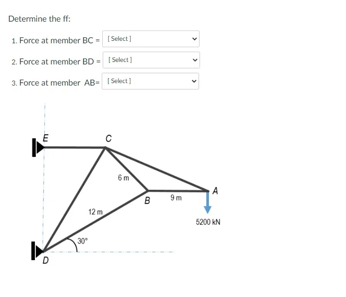 Determine the ff:
1. Force at member BC = [Select]
2. Force at member BD = [ Select]
3. Force at member AB= I Select ]
E
C
6 m
A
B
9m
12 m
5200 kN
30°
D
>
>
>
