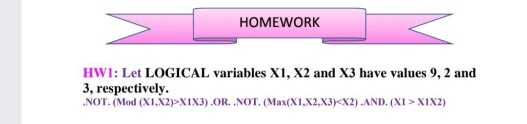 HOMEWORK
HW1: Let LOGICAL variables X1, X2 and X3 have values 9, 2 and
3, respectively.
.NOT. (Mod (X1,X2)>X1X3) .OR. .NOT. (Max(X1,X2,X3)<X2) .AND. (X1 > X1X2)
