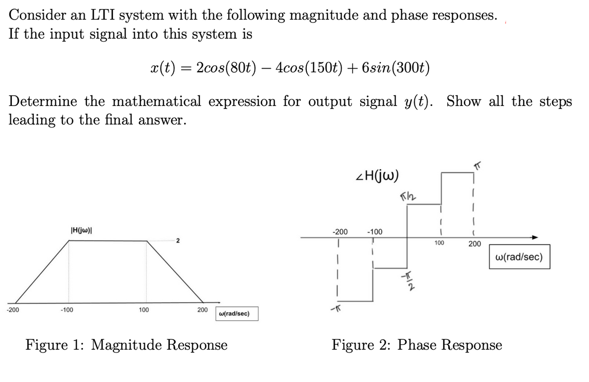 Consider an LTI system with the following magnitude and phase responses.
If the input signal into this system is
x(t) = 2cos(80t) - 4cos (150t) + 6sin (300t)
Determine the mathematical expression for output signal y(t). Show all the steps
leading to the final answer.
-200
|H(jw)|
-100
100
2
200
w(rad/sec)
Figure 1: Magnitude Response
-200
|
-K
<H(jw)
-100
F12
100
200
w(rad/sec)
Figure 2: Phase Response