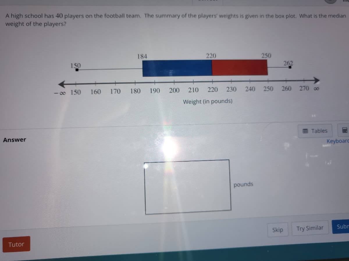 A high school has 40 players on the football team. The summary of the players' weights is given in the box plot. What is the median
weight of the players?
184
220
250
150
262
- 00 150
160
170
180
190
200
210
220
230
240 250
260
270 00
Weight (in pounds)
E Tables
Answer
Keyboarc
pounds
Skip
Try Similar
Subm
Tutor
