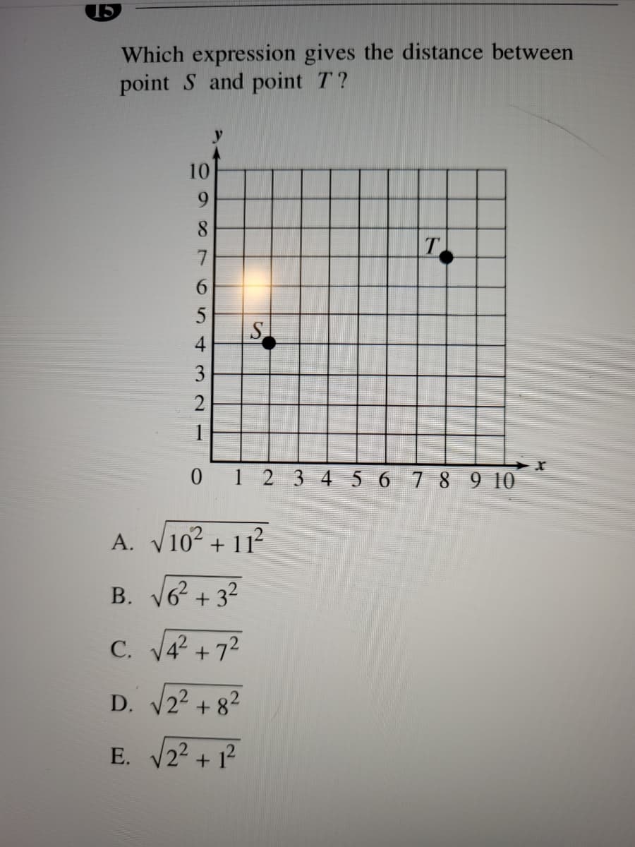 Which expression gives the distance between
point S and point T?
10
9.
8
T
7
6.
4
3
1 2 3 4 5 6 7 8910
A. V102 + 112
B. 162 + 32
C. V42 + 72
D. 22 + 82
E. 22 + 1
