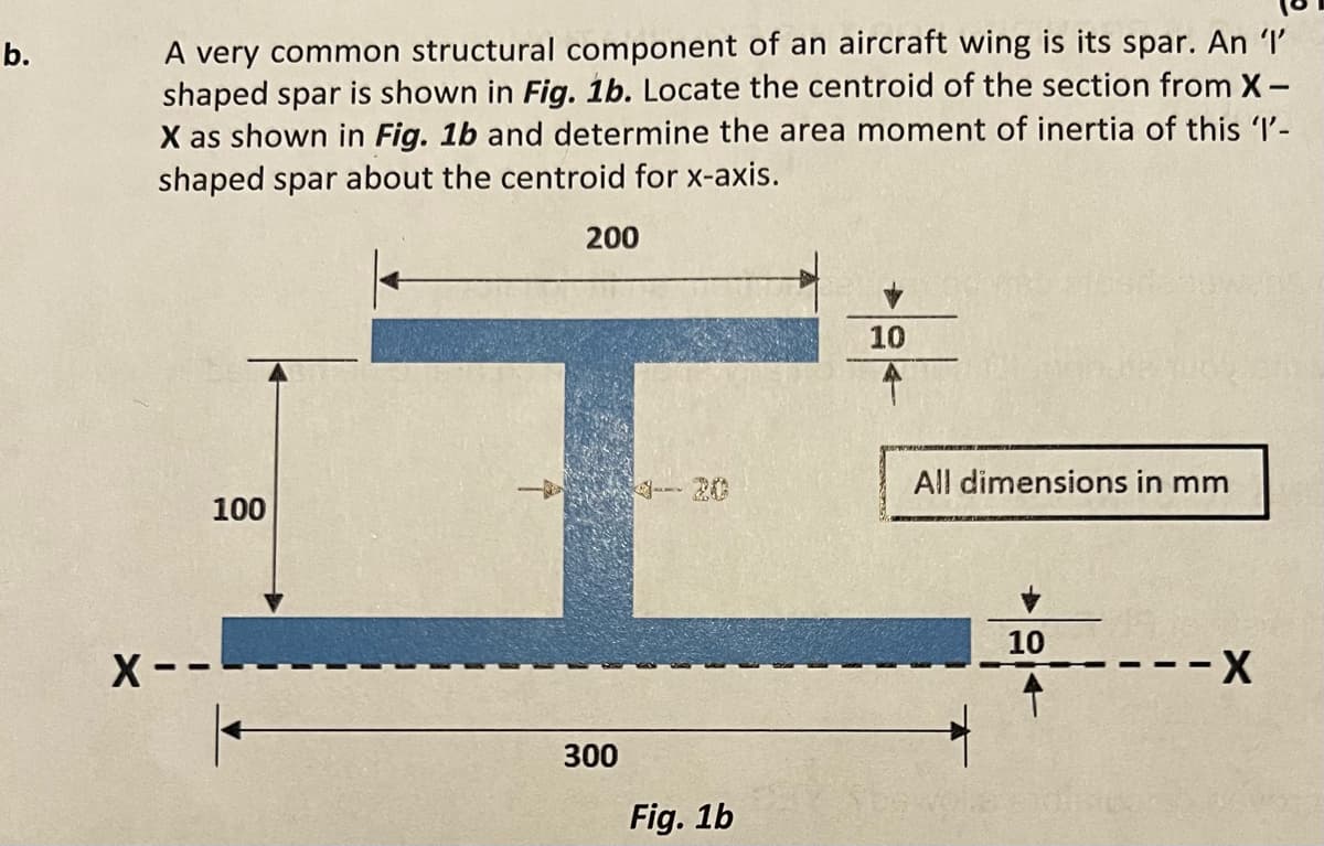 b.
X
A very common structural component of an aircraft wing is its spar. An 'I'
shaped spar is shown in Fig. 1b. Locate the centroid of the section from X-
X as shown in Fig. 1b and determine the area moment of inertia of this '1'-
shaped spar about the centroid for x-axis.
100
200
T
300
Fig. 1b
10
All dimensions in mm
10
X