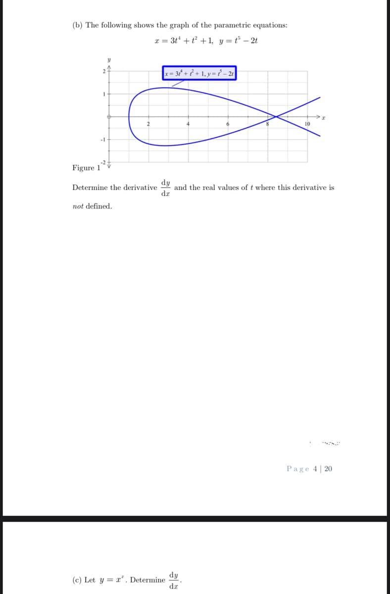 (b) The following shows the graph of the parametric equations:
x = 3t² + t² + 1, y = t³ - 2t
1
y
₁-2 +
Figure 1
Determine the derivative
not defined.
x = 3² + ² + 1₁ y = {-21
dy
and the real values of t where this derivative is
dz
(c) Let y = x. Determine
10
dy
dz
Page 420