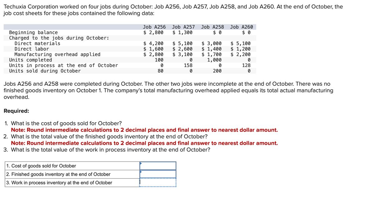 Techuxia Corporation worked on four jobs during October: Job A256, Job A257, Job A258, and Job A260. At the end of October, the
job cost sheets for these jobs contained the following data:
Beginning balance
Charged to the jobs during October:
Direct materials
Direct labor
Manufacturing overhead applied
Units completed
Units in process at the end of October
Units sold during October
Job A256
$ 2,800
$ 4,200
$ 1,600
$ 2,800
100
1. Cost of goods sold for October
2. Finished goods inventory at the end of October
3. Work in process inventory at the end of October
0
80
Job A257 Job A258
$ 1,300
$0
$ 5,100
$ 2,600
$ 3,100
0
158
0
$ 3,000
$ 1,400
$ 1,700
1,000
0
200
Job A260
$0
$ 5,100
$ 1,200
$ 2,200
0
128
0
Jobs A256 and A258 were completed during October. The other two jobs were incomplete at the end of October. There was no
finished goods inventory on October 1. The company's total manufacturing overhead applied equals its total actual manufacturing
overhead.
Required:
1. What is the cost of goods sold for October?
Note: Round intermediate calculations to 2 decimal places and final answer to nearest dollar amount.
2. What is the total value of the finished goods inventory at the end of October?
Note: Round intermediate calculations to 2 decimal places and final answer to nearest dollar amount.
3. What is the total value of the work in process inventory at the end of October?