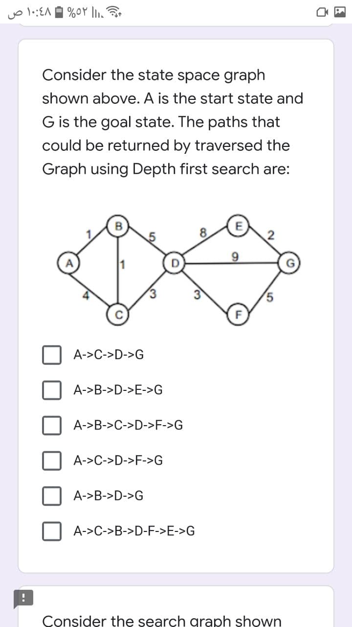 Consider the state space graph
shown above. A is the start state and
G is the goal state. The paths that
could be returned by traversed the
Graph using Depth first search are:
8.
9.
F
A->C->D->G
A->B->D->E->G
A->B->C->D->F->G
A->C->D->F->G
A->B->D->G
A->C->B->D-F->E->G
Consider the search graph shown
