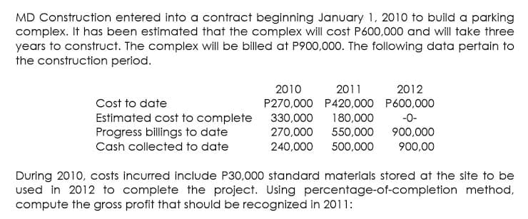 MD Construction entered into a contract beginning January 1, 2010 to build a parking
complex. It has been estimated that the complex will cost P600,000 and will take three
years to construct. The complex will be billed at P900,000. The following data pertain to
the construction period.
2010
2011
2012
Cost to date
P270,000 P420,000 P600,000
Estimated cost to complete
Progress billings to date
Cash collected to date
330,000
270,000
180,000
-0-
550,000
900,000
240,000
500,000
900,00
During 2010, costs incurred include P30,000o standard materials stored at the site to be
used in 2012 to complete the project. Using percentage-of-completion method,
compute the gross profit that should be recognized in 2011:
