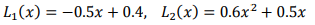 L,(x) = -0.5x + 0.4, L2(x) = 0.6x² + 0.5x
%3D
