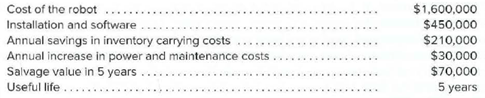 Cost of the robot
Installation and software
Annual savings in inventory carrying costs
Annual increase in power and maintenance costs
Salvage value in 5 years
Useful life ...
$1,600,000
$450,000
$210,000
$30,000
$70,000
5 years
.... ..
