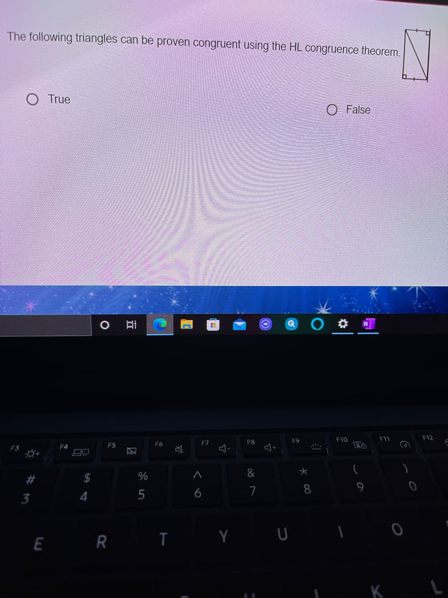 The following triangles can be proven congruent using the HL congruence theorem.
True
O False
N
F9
F10
F11
F12
F5
F6
F7
F8
F4
必
2$
%
&
6
7
9
4
E R I
K
w%23
