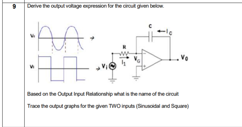 9
Derive the output voltage expression for the circuit given below.
Vi
R
Vo
VI
Based on the Output Input Relationship what is the name of the circuit
Trace the output graphs for the given TWO inputs (Sinusoidal and Square)
