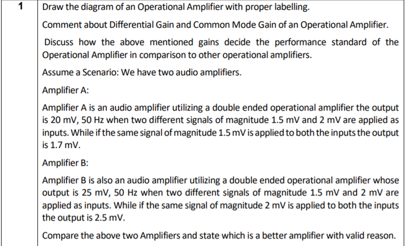 1
Draw the diagram of an Operational Amplifier with proper labelling.
Comment about Differential Gain and Common Mode Gain of an Operational Amplifier.
Discuss how the above mentioned gains decide the performance standard of the
Operational Amplifier in comparison to other operational amplifiers.
Assume a Scenario: We have two audio amplifiers.
Amplifier A:
Amplifier A is an audio amplifier utilizing a double ended operational amplifier the output
is 20 mV, 50 Hz when two different signals of magnitude 1.5 mV and 2 mV are applied as
inputs. While if the same signal of magnitude 1.5 mV is applied to both the inputs the output
is 1.7 mV.
Amplifier B:
Amplifier B is also an audio amplifier utilizing a double ended operational amplifier whose
output is 25 mV, 50 Hz when two different signals of magnitude 1.5 mV and 2 mV are
applied as inputs. While if the same signal of magnitude 2 mV is applied to both the inputs
the output is 2.5 mV.
Compare the above two Amplifiers and state which is a better amplifier with valid reason.
