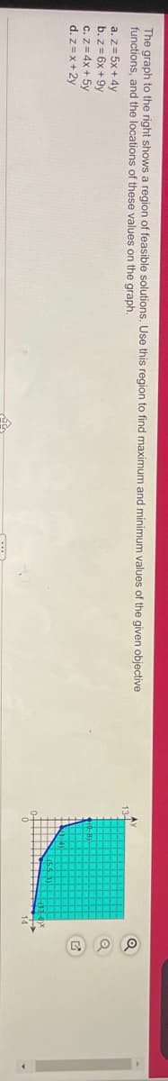 The graph to the right shows a region of feasible solutions, Use this region to find maximum and minimum values of the given objective
functions, and the locations of these values on the graph.
a. z= 5x + 4y
b. z = 6x + 9y
C. z= 4x + 5y
d. z =x+2y
