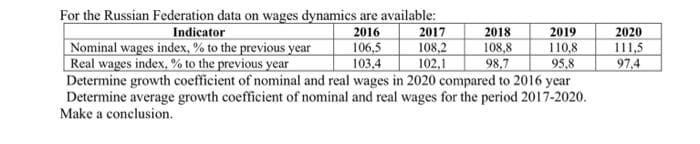 For the Russian Federation data on wages dynamics are available:
Indicator
2016
106,5
103,4
2017
108,2
102,1
2018
2019
2020
111,5
97,4
Nominal wages index, % to the previous year
Real wages index, % to the previous year
Determine growth coefficient of nominal and real wages in 2020 compared to 2016 year
Determine average growth coefficient of nominal and real wages for the period 2017-2020.
Make a conclusion.
108,8
98.7
110,8
95,8
