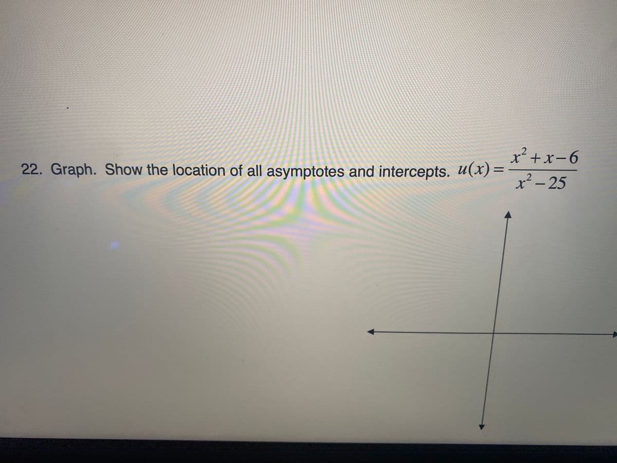 x²+x-6
%3D
22. Graph. Show the location of all asymptotes and intercepts. U(x)=
x²-25
