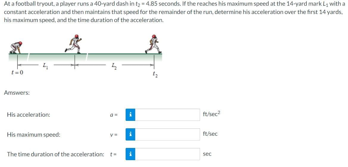 At a football tryout, a player runs a 40-yard dash in t₂ = 4.85 seconds. If the reaches his maximum speed at the 14-yard mark L₁ with a
constant acceleration and then maintains that speed for the remainder of the run, determine his acceleration over the first 14 yards,
his maximum speed, and the time duration of the acceleration.
t=0
Amswers:
His acceleration:
His maximum speed:
The time duration of the acceleration:
a = i
V =
t=
i
i
ft/sec²
ft/sec
sec