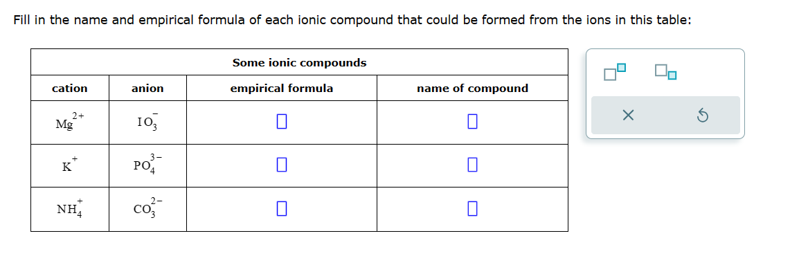 Fill in the name and empirical formula of each ionic compound that could be formed from the ions in this table:
cation
2+
Mg
K™
NH
anion
103
PO
Co
Some ionic compounds
empirical formula
name of compound
X