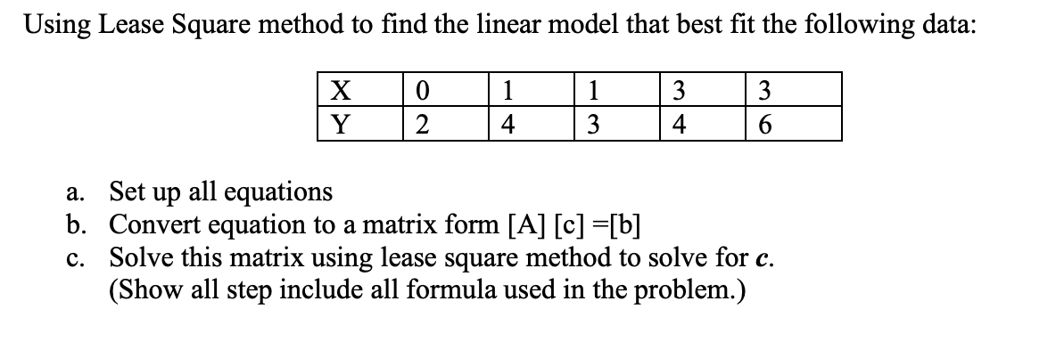 Using Lease Square method to find the linear model that best fit the following data:
1
3
3
2
4
3
a. Set up all equations
b. Convert equation to a matrix form [A] [c] =[b]
c. Solve this matrix using lease square method to solve for c.
(Show all step include all formula used in the problem.)
