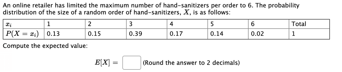 An online retailer has limited the maximum number of hand-sanitizers per order to 6. The probability
distribution of the size of a random order of hand-sanitizers, X, is as follows:
2
3
4
Total
P(X = xi)
0.13
0.15
0.39
0.17
0.14
0.02
1
Compute the expected value:
E[X] =
(Round the answer to 2 decimals)
